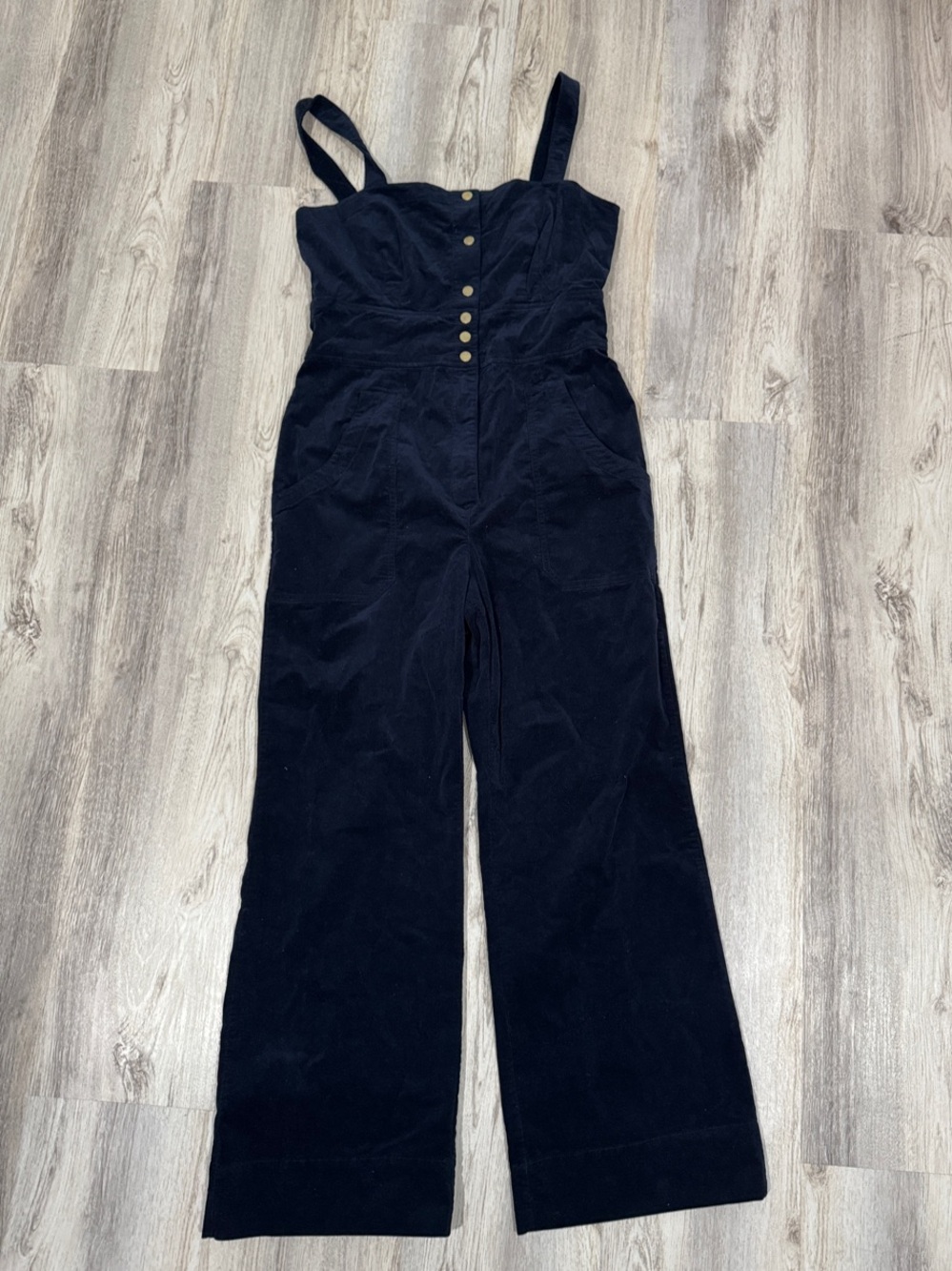 Anthropologie Navy Button-Front Wide-Leg Jumpsuit